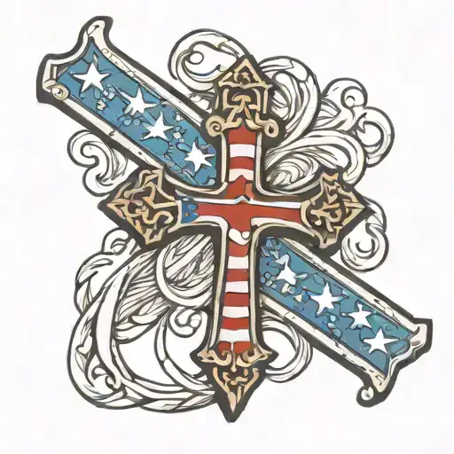 ancient cross flowing into American flag tattoo design idea