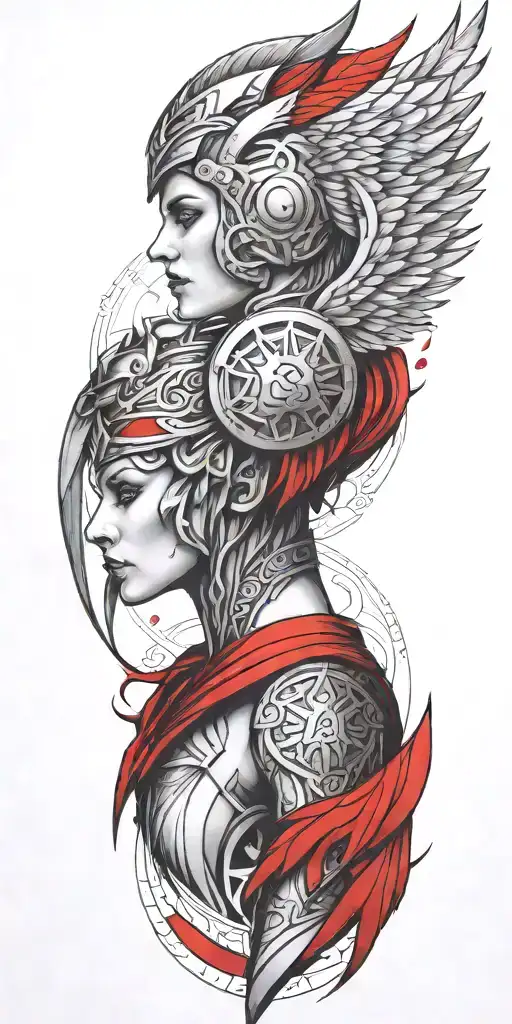 Craft a tattoo design of a Valkyrie with blood red wings, embodying the client's passion for both Viking mythology and vampire aesthetics tattoo design idea