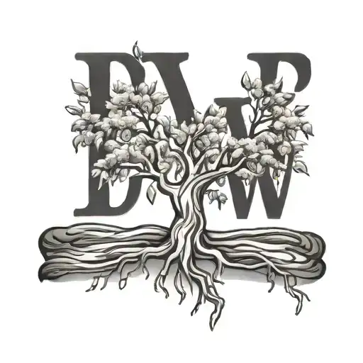 willow tree with initials JW, BW, DW, BM and hearts carved into it  tattoo design idea