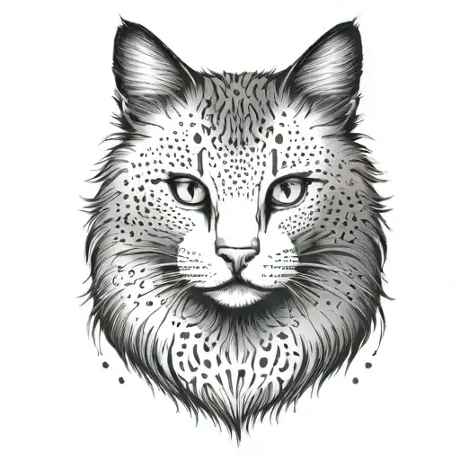black and white furry cat from the front, only the head. dark style tattoo design idea