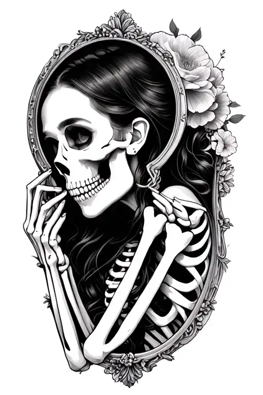beautiful woman holding mirror with reflection skeleton tattoo design idea