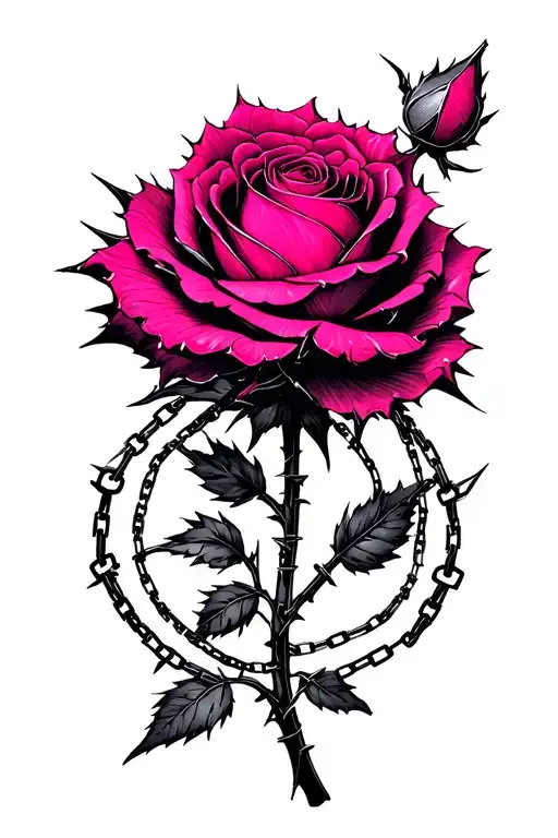 cyber sigil flowers, barbed wire petals, chain stem, metallic rose, surreal style,pink flower no shading but detailed tattoo design idea