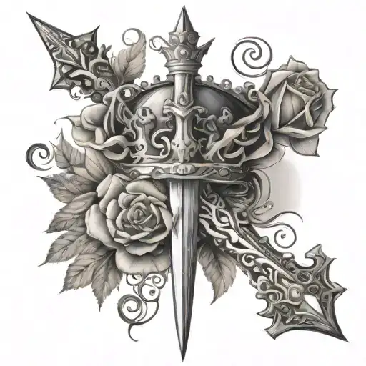 crown Excalibur sword rose intertwined tattoo design idea