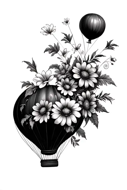 hot air balloon floating but ballon is flower bouquet tattoo design idea