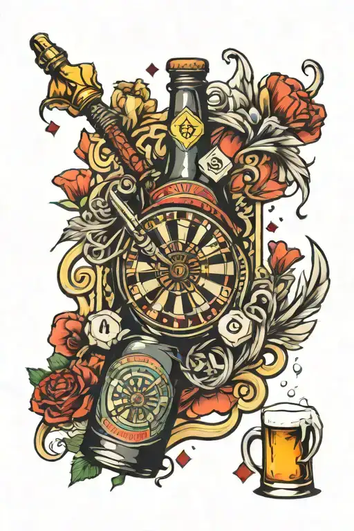 darts pool cards beer bottle morphing tattoo design idea