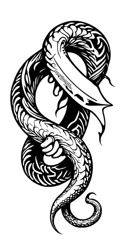 snake tail gripping round knife handle symbolizing your passion, as the snake wraps around the length of arm  tattoo design idea