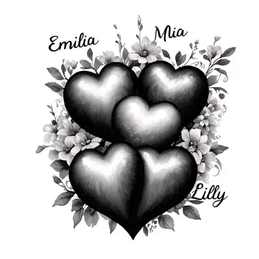 3 hearts with names Emilia Mia and Lilly tattoo design idea
