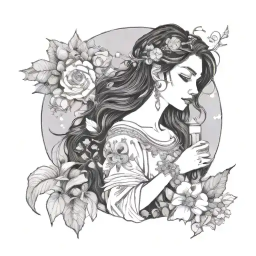 astral, girl with dark hair, beautiful, moon, witch, earth zodiac, moonstone, flowers forearm tattoo, nose ring tattoo design idea