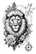 Lion, rose, levander, map, compass, clocks, MIIV.IES.XXXX, anchor, waves, sun, palm, smal cross, dove tattoo design idea