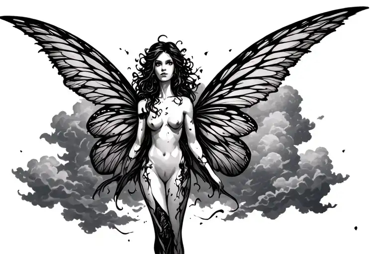 dark fairy with tattered wings standing in dark clouds tattoo design idea