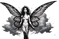 dark fairy with tattered wings standing in dark clouds tattoo design idea
