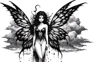 dark fairy with tattered wings standing in dark clouds tattoo design idea