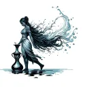 aquarius. women water bender walking away with a vase of water, the water pouring from vase streaming behind her tattoo design idea