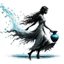 aquarius. women water bender walking away with a vase of water, the water pouring from vase streaming behind her tattoo design idea