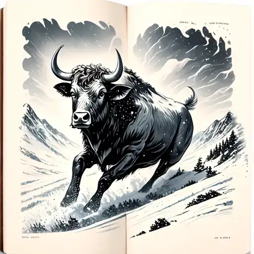 Book pages forming a bull charging down a snowy mountain tattoo design idea
