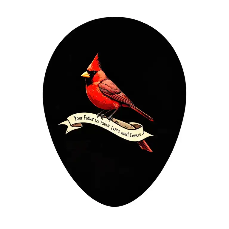 A tattoo design of a red cardinal perched on a brick wall, with a banner wrapped around it containing your father's name and a tribute to your mother's battle against cancer, symbolizing strength and love in the face of adversity tattoo design idea