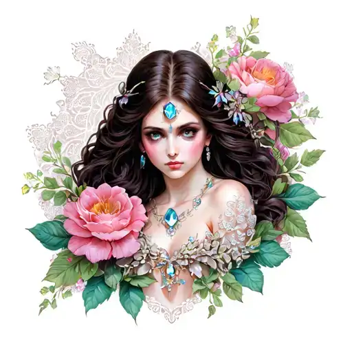 Lilith, gems, lace, flowers surrounding tattoo design idea