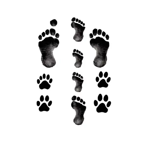 a set of human foot prints with one set of dog paw prints on either side. like (dog print) (human print) (dog print) tattoo design idea