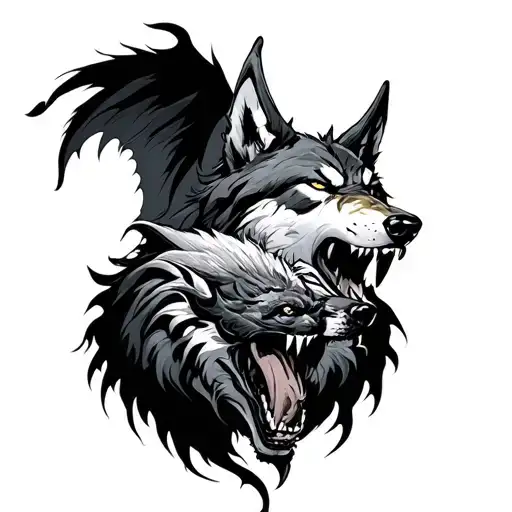 wolf fighting demons tattoo design idea