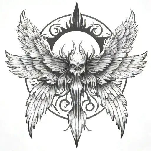 seraphim, 6 large burnt wings, demon eye in the centre, gothic, angry tattoo design idea