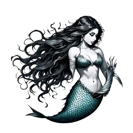 Mermaid warrior wielding tattoo design idea