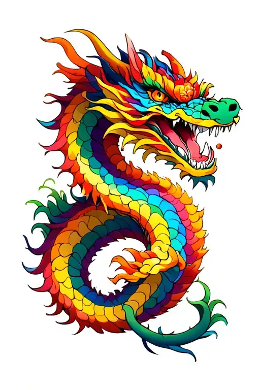 japanese style dragon infinity rainbow colors, dragon is eating tail like ouroborous tattoo design idea