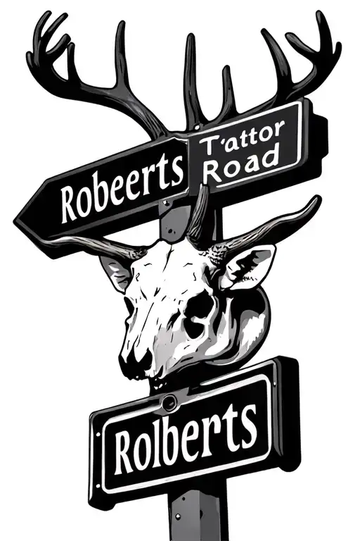 deer skull on street sign "roberts road" tattoo design idea