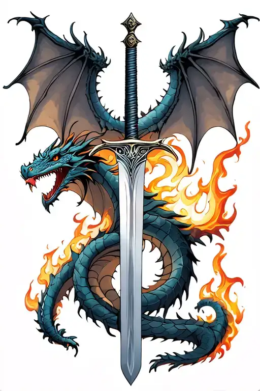 dragon wings spread behind a sword with tail wrapped around it with fire tattoo design idea