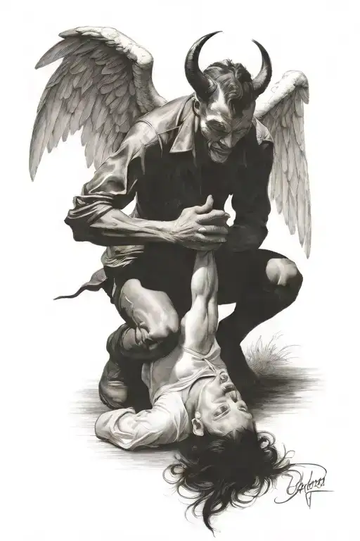 Devil on his knees, looking up at an angel standing in front of him  who holds his face in her hands. They are in love. tattoo design idea