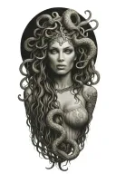 A realistic portrait of Medusa with intricate details of her snake hair and a subtle nod to the client's occupation as a stripper tattoo design idea