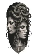 A realistic portrait of Medusa with intricate details of her snake hair and a subtle nod to the client's occupation as a stripper tattoo design idea