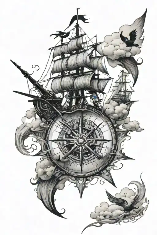 pirate ship compass bird clouds tattoo design idea