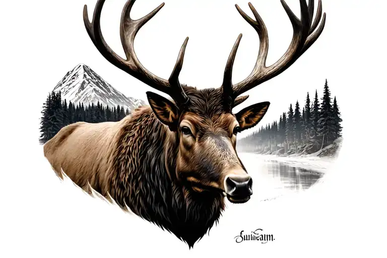 elk head mountain black tattoo design idea