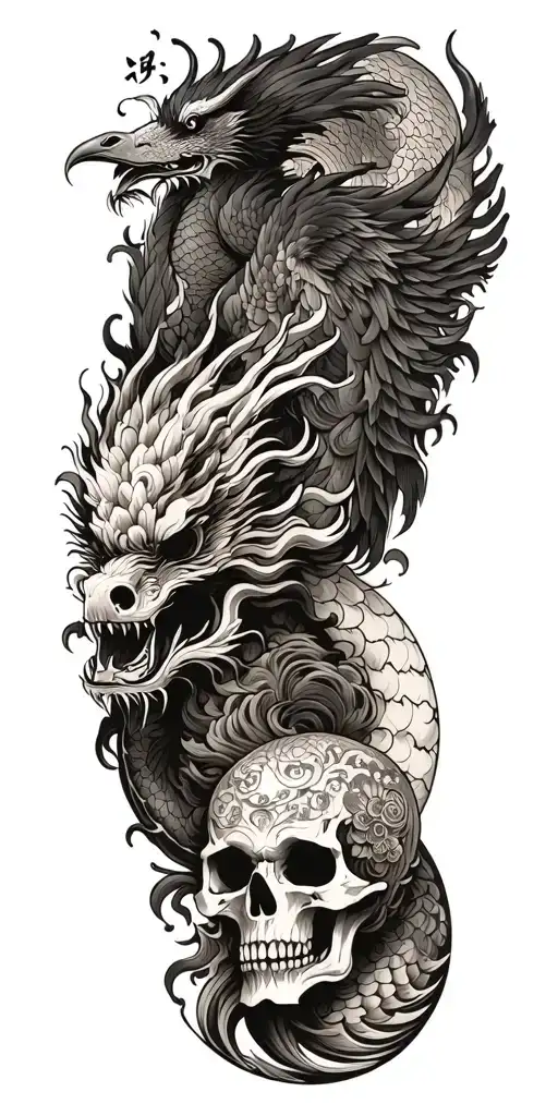 Chinese dragon and phoenix and skull and moon and raven tattoo design idea