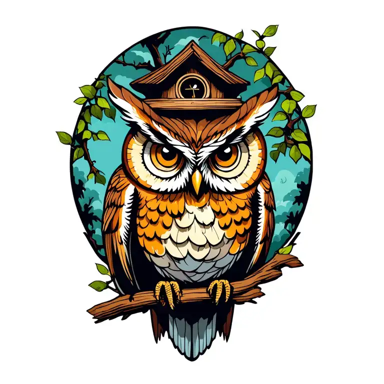 owl and treehouse tattoo design idea