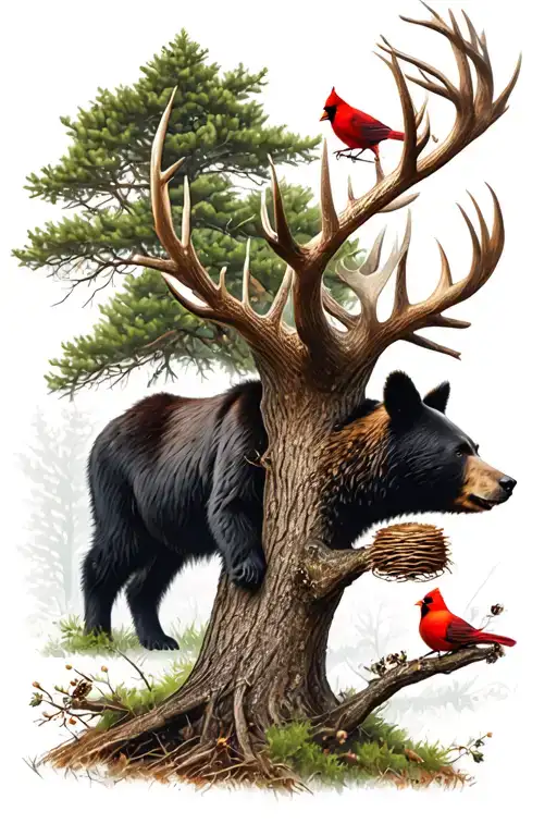 buck under tree with one black bear beehive and cardinals  tattoo design idea