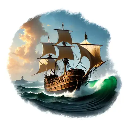 Realistic tattoo of a pirate boat in the open sea which faces the swell two three four sides then I want a tattoo design idea