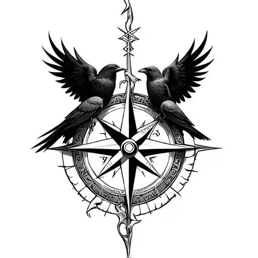 norse compass wirh black crows. spine tattoo tattoo design idea