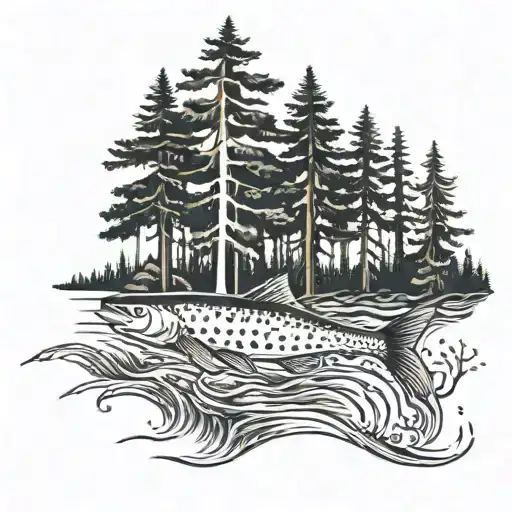 forest clearing fish fir tree acacia tattoo design idea