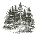 forest clearing fish fir tree acacia tattoo design idea