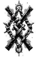 broken Cuban link chain through upside down crosses blood tattoo design idea