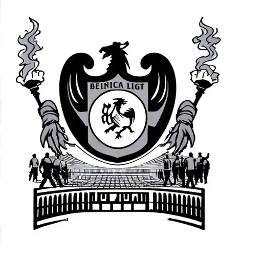 I want the Benfica symbol of the 1990s with the Light Stadium below and the fans walking to the stadium with torches tattoo design idea