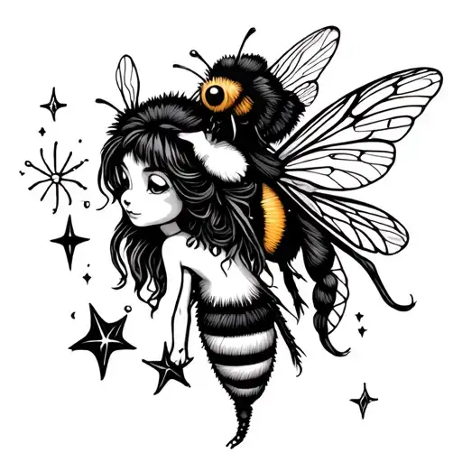 animal fairy and bee with stars  tattoo design idea