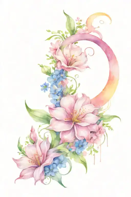 crescent moon with a daisy, sweetpea flowers and a poppy and gladiolus flower  tattoo design idea