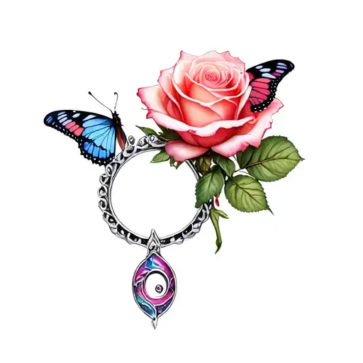 rose on a ring with a semicolon butterfly tattoo design idea