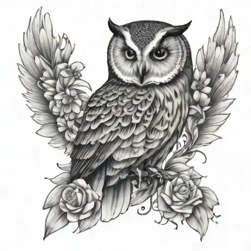 Portrait of a mother owl with angel wings surrounded by cosmo flowers tattoo design idea