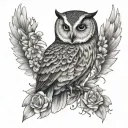 Portrait of a mother owl with angel wings surrounded by cosmo flowers tattoo design idea