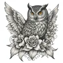 Portrait of a mother owl with angel wings surrounded by cosmo flowers tattoo design idea