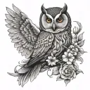 Portrait of a mother owl with angel wings surrounded by cosmo flowers tattoo design idea