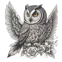 Portrait of a mother owl with angel wings surrounded by cosmo flowers tattoo design idea